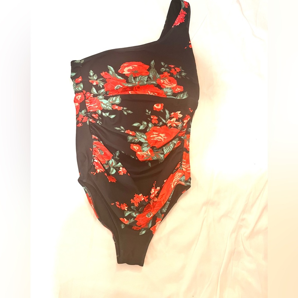 Albion Black One-Piece Swimsuit with Red Floral Print